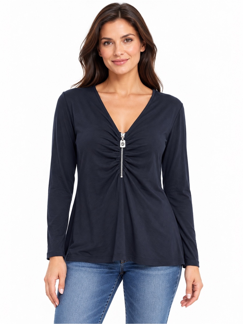 Michael Kors Navy V-Neck Long-Sleeve Top with Front Zip